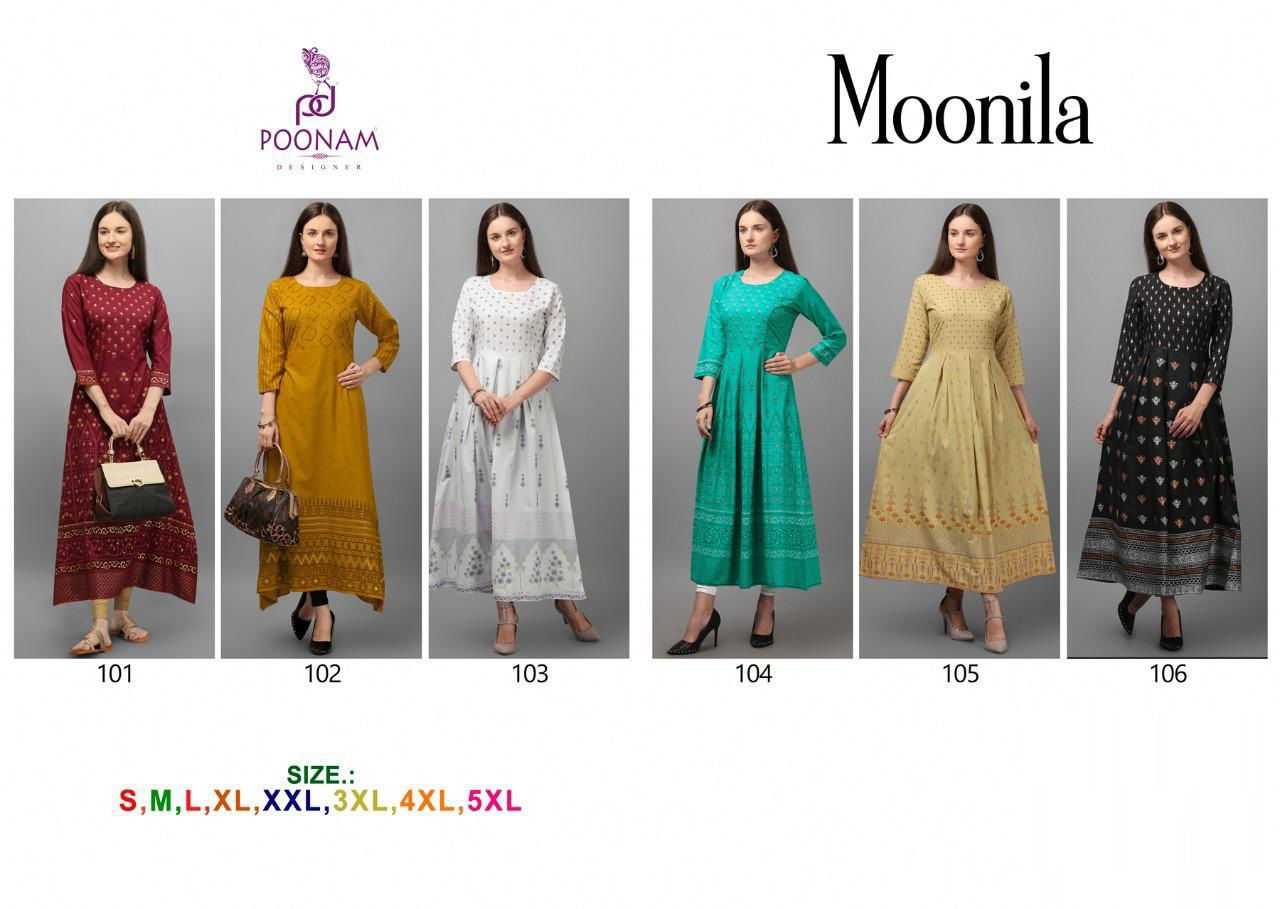 Poonam Moonila Latest Designer Party Wear Festive Wear Rayon Long Printed Kurtis Collection
